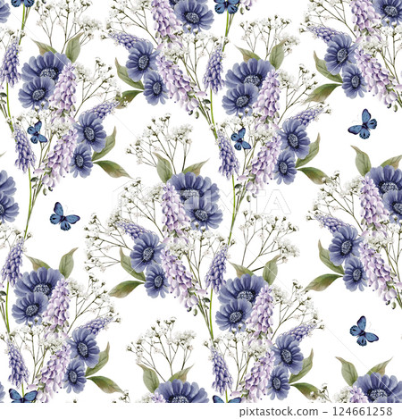 Easter seamless pattern with flowers in tender colors. Watercolor vintage style. 124661258