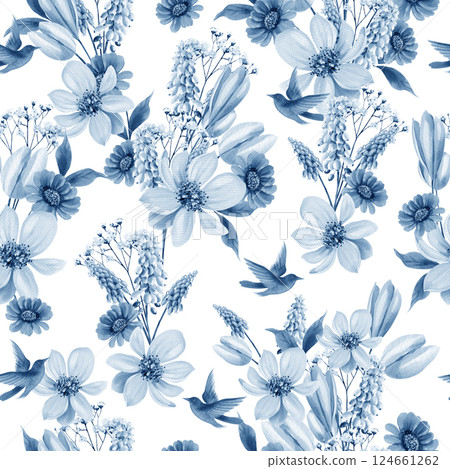 Easter seamless pattern with flowers in tender colors. Watercolor vintage style. 124661262