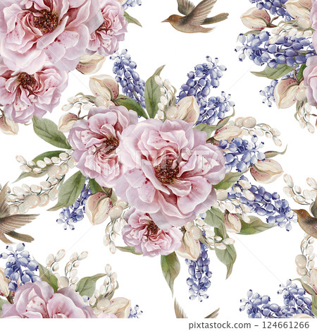 Easter seamless pattern with flowers in tender colors. Watercolor vintage style. 124661266