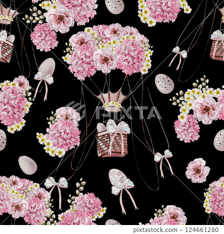 Easter seamless pattern with flowers in tender colors. Watercolor vintage style. 124661280