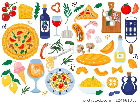 Italian food set, ingredients. Cartoon doodle stickers of traditional products: olive oil, tomatoes, mozzarella, pizza, cheese, pasta. Vector Illustration Italian food set, ingredients. Cartoon doodle stickers of traditional products: olive oil, tomatoes, mozzarella, pizza, cheese, pasta. Vector Illustration 124661313