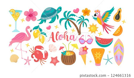 Tropical summer vector set with juicy hand-drawn illustrations. Includes beach accessories, cocktails, fruits, flamingo, crab, palm trees, sunscreen, and surfboard. Perfect packaging, stickers. Tropical summer vector set with juicy hand-drawn illustrations. Includes beach accessories, cocktails, fruits, flamingo, crab, palm trees, sunscreen, and surfboard. Perfect packaging, stickers. 124661316