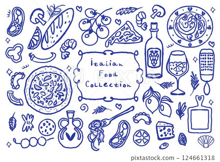 Beautiful collection of hand drawn Italy food set whimsical style La Dolce Vita. Vector Illustration 124661318