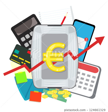 Infographic vector illustration grocery basket with currency icon, calculator with smartphone, to do list with notes laying around. Living cost inflation and budget planning. 124661329