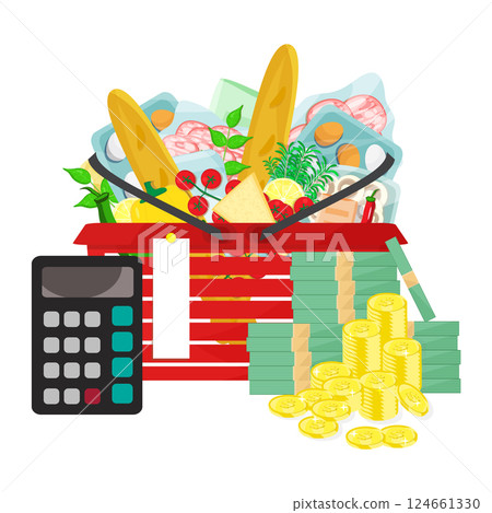Infographic vector illustration basket with grocery food and drink products, calculator and money cash with coins stacks. Living cost inflation and budget planning. Infographic vector illustration basket with grocery food and drink products, calculator and money cash with coins stacks. Living cost inflation and budget planning. 124661330