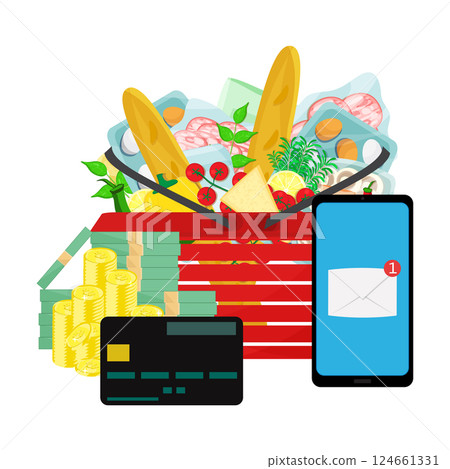 Shopping basket with grocery food and drink products, money cash, credit card and smartphone with message notification. Cashless payment and transactions. 124661331