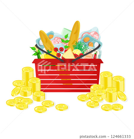 Infographic vector illustration basket with grocery food and drink products and money coins stacks. Living cost inflation and budget planning. Infographic vector illustration basket with grocery food and drink products and money coins stacks. Living cost inflation and budget planning. 124661333