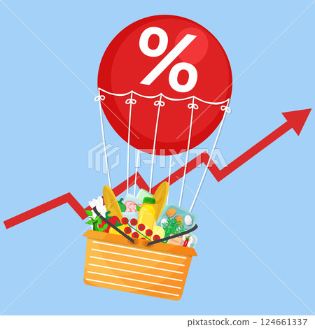 Vector illustration grocery basket flying on red air balloon with percent sign on blue background with red arrow inflation rise. Living cost inflation and budget plan. Vector illustration grocery basket flying on red air balloon with percent sign on blue background with red arrow inflation rise. Living cost inflation and budget plan. 124661337