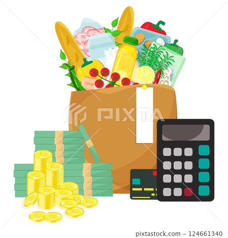 Infographic vector illustration paper bag with grocery products, calculator, credit card and cash with coins stacks. Living cost inflation and budget planning. Infographic vector illustration paper bag with grocery products, calculator, credit card and cash with coins stacks. Living cost inflation and budget planning. 124661340