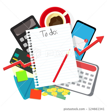 Infographic vector illustration of monthly financial planning with to do list, smartphone calculator, coffee cup and card with money and notes. Living cost inflation and budget plan Infographic vector illustration of monthly financial planning with to do list, smartphone calculator, coffee cup and card with money and notes. Living cost inflation and budget plan 124661341