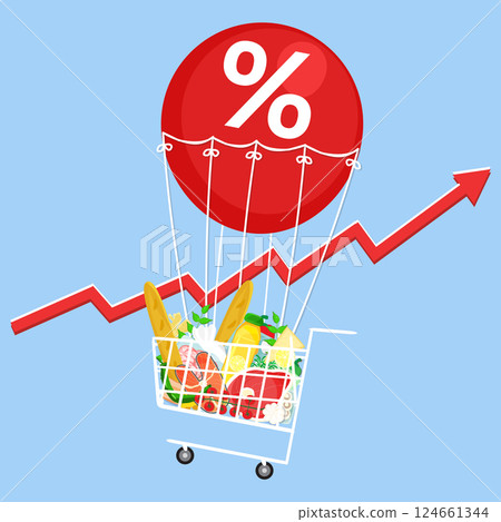 Vector illustration grocery cart flying on red air balloon with percent sign on blue background with red arrow inflation rise. Living cost inflation and budget plan. 124661344