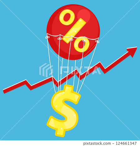 Vector illustration of dollar golden icon flying on red air balloon with percent sign on blue background with red arrow inflation rise. Living cost inflation and budget plan. 124661347