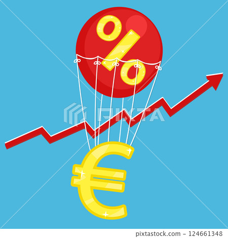 Vector illustration of euro golden icon flying on red air balloon with percent sign on blue background with red arrow inflation rise. Living cost inflation and budget plan. 124661348