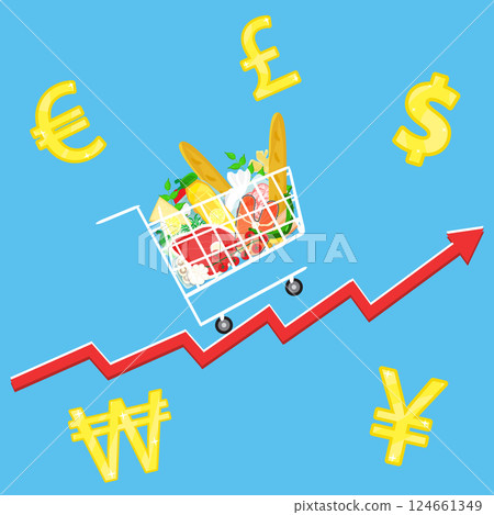 Infographic vector illustration of grocery trolley with food and drink products on red inflation arrow with currency icons around. Living cost inflation and budget planning. 124661349