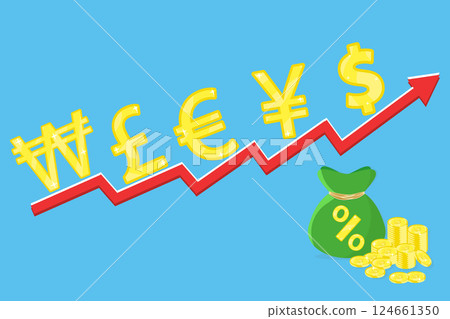 Vector illustration of worldwide currency dollar with yuan, yen and won, pound and euro golden icons on red arrow. Living cost inflation and budget plan. 124661350