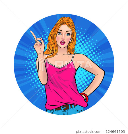 Avatar of woman or business person in various poses, circle background, pop art comics style 124661503