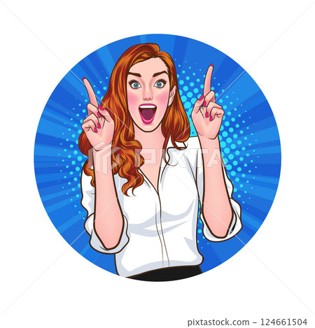 Avatar of woman or business person in various poses, circle background, pop art comics style 124661504