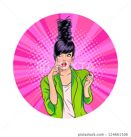Avatar of woman or business person in various poses, circle background, pop art comics style Avatar of woman or business person in various poses, circle background, pop art comics style 124661506