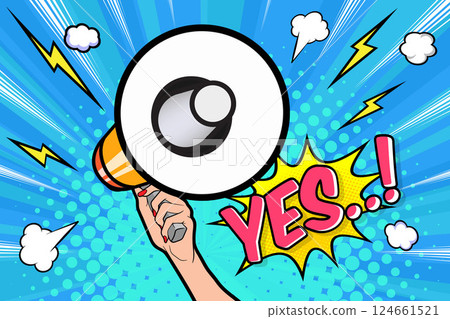 Hand holds megaphone bullhorn in retro pop art comic style Loudspeaker Business banner Hand holds megaphone bullhorn in retro pop art comic style Loudspeaker Business banner 124661521