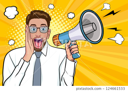 Business man with loudspeaker megaphone announcing discount or sale Special offer shopping time Business man with loudspeaker megaphone announcing discount or sale Special offer shopping time 124661533