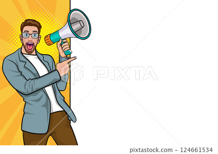 Business man with loudspeaker megaphone announcing discount or sale Special offer shopping time 124661534