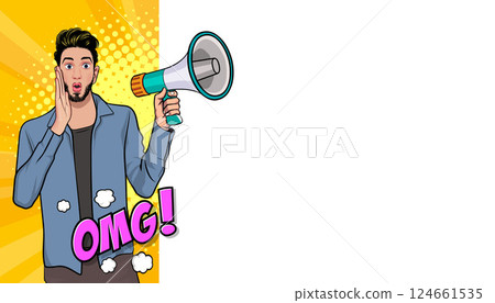 Business man with loudspeaker megaphone announcing discount or sale Special offer shopping time Business man with loudspeaker megaphone announcing discount or sale Special offer shopping time 124661535