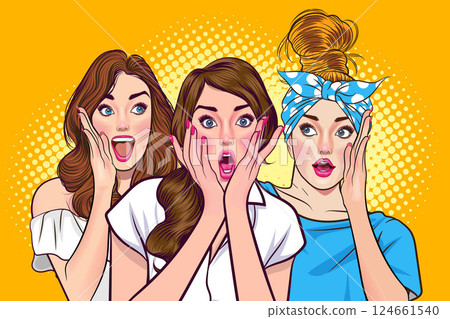 Woman whispering gossip secret to her friend surprise In Retro Vintage Pop Art Comic Style 124661540