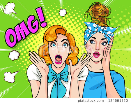 Woman whispering gossip secret to her friend surprise In Retro Vintage Pop Art Comic Style 124661550