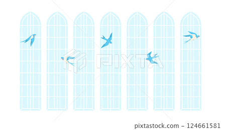 Flying swallows with high windows on a background Flying swallows with high windows on a background 124661581