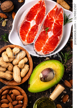 Healthy fat concept. Product with omega 3. Healthy fat concept. Product with omega 3. 124661597