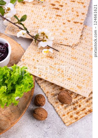 Traditional Passover Seder plate with symbolic foods. Symbolic of Jewish holiday Pesah. Traditional Passover Seder plate with symbolic foods. Symbolic of Jewish holiday Pesah. 124661621