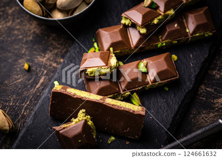 Dubai chocolate with kadayif pistachio filling 124661632