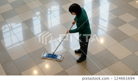 Aerial view of a woman mopping the floor at the entrance of an apartment building 124661694