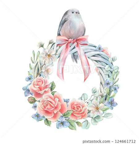 Spring wreath with flowers roses, hydrangea, apple tree, eucalyptus, bow and tit bird. Watercolor illustration hand drawn in soft pastel colors. Round frame, wreath, template isolated from background. Spring wreath with flowers roses, hydrangea, apple tree, eucalyptus, bow and tit bird. Watercolor illustration hand drawn in soft pastel colors. Round frame, wreath, template isolated from background. 124661712