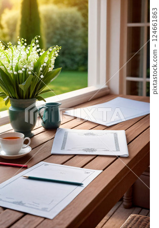 Peaceful workspace nook with writing utensils, vase of flowers and tea on cozy countryside balcony Peaceful workspace nook with writing utensils, vase of flowers and tea on cozy countryside balcony 124661863