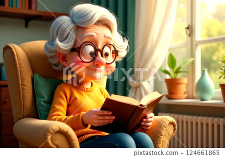 An elderly woman with glasses reads book while sitting comfortably in chair in cozy room An elderly woman with glasses reads book while sitting comfortably in chair in cozy room 124661865