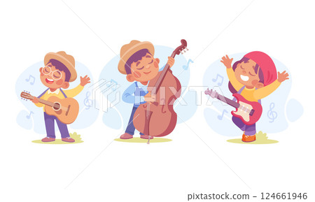 Joyful Musician Kids Enthusiastically Playing A Variety Of Instruments Together In Harmony 124661946