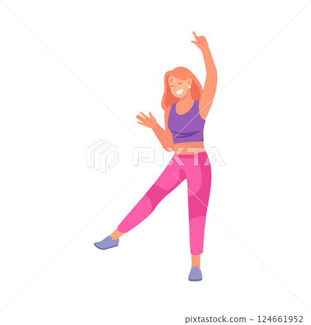 An Energetic Young Woman Exuberantly Dancing in Colorful Fitness Attire, Full of Life 124661952