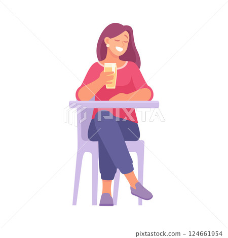 Joyful Woman Enjoying a Drink at a Caf Table 124661954