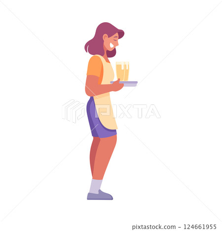 A friendly server cheerfully holding a colorful tray filled with appetizing food items A friendly server cheerfully holding a colorful tray filled with appetizing food items 124661955