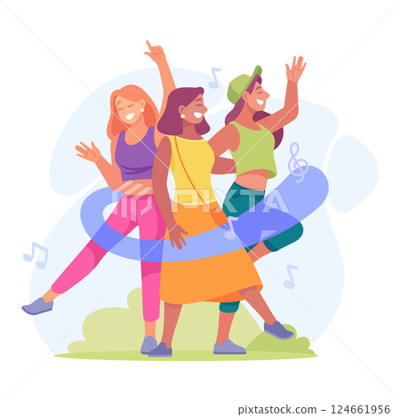 A group of friends joyfully dancing together in a vibrant and festive celebration event A group of friends joyfully dancing together in a vibrant and festive celebration event 124661956