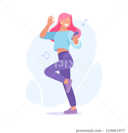 A Joyful Young Woman Dancing Cheerfully with Her Smartphone in a Colorful Background 124661977