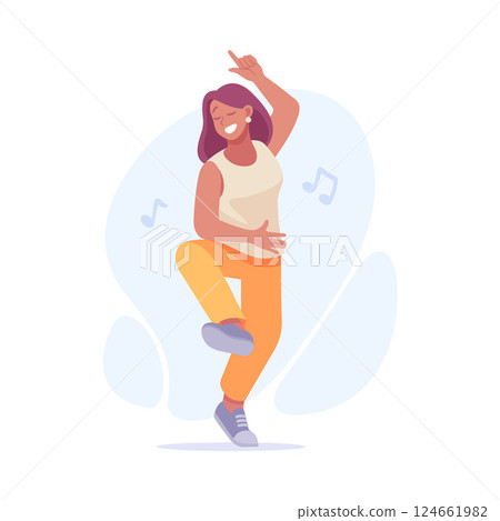 A joyful womans dance moves in her vibrant outfit showcase her enthusiasm and happiness 124661982