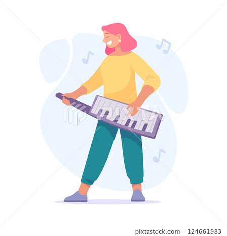 A person is joyfully playing a keytar, expressing happiness and creativity through music 124661983