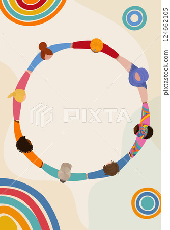 Poster showing a chain of multicultural people in a circle holding hands. Aerial view. Concept of unity, cooperation teamwork, community peace or environmental harmony 124662105