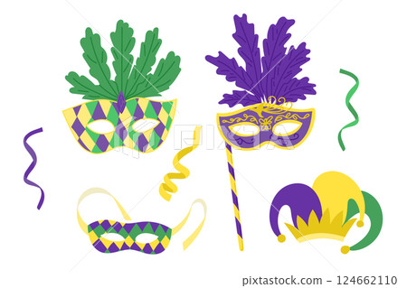 Colorful Mardi Gras masks and jester hat 124662110