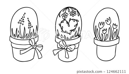 Line art set if Easter eggs in flower pots 124662111