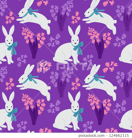 Seamless pattern with white rabbits with bows Seamless pattern with white rabbits with bows 124662115