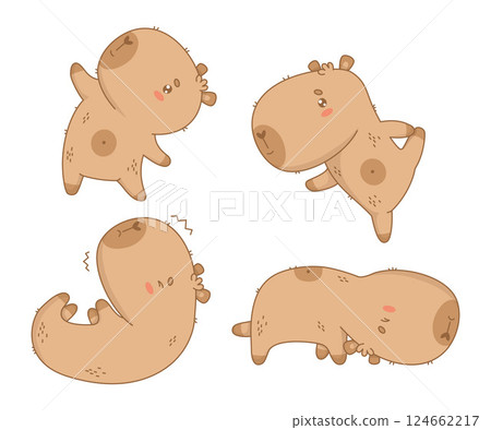 Cute capybara sportsman collection. Funny isolated Cartoon kawaii character animal plays sports and stretching on white background. Vector illustration 124662217