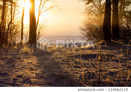A sunny winter evening by the lake A sunny winter evening by the lake 124662219